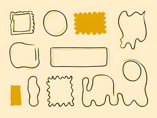 A minimalist illustration composed of various hand-drawn wobbly line frame shapes. Each shape features a torn paper texture with rounded corners, including yellow rectangles with scalloped edges, circ