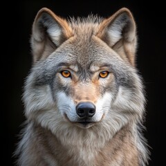 Fototapeta premium Majestic Wolf Portrait with Intense Gaze on Dark Background Staring