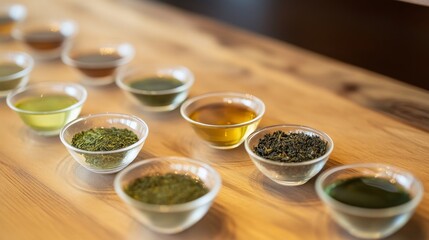 36.A natural, earthy composition of various Japanese green tea leaves and freshly brewed tea in clear teacups, arranged neatly on a wooden table, emphasizing the purity and health benefits of these