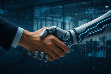 Futuristic Business Partnership with Human and Robot Handshake in High-Tech Office Environment Featuring Holographic Data Charts and AI Technology for Collaboration and Innovation