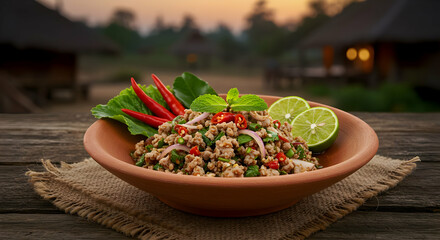 Thai Spicy Ground Meat Salad In Brown Bowl
