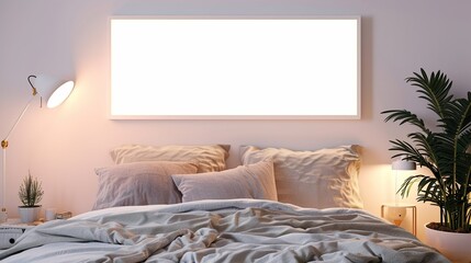 A white rectangular frame in a cozy bedroom, displayed above the bed, with soft bedding, a bedside lamp, and a small plant. HD 8K mockup wallpaper Photographic Image