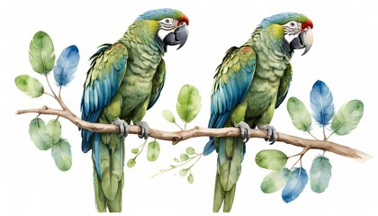 Obraz premium Two Green-winged Macaws on Branch with Watercolor Leaves