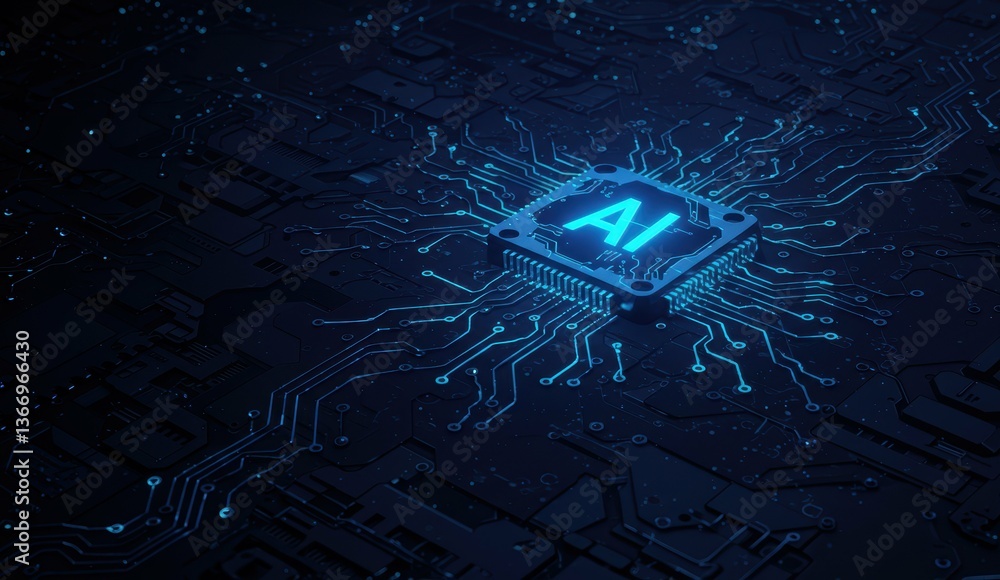 Poster microchip with ai symbol illuminated in blue light over circuit board design, representing technolog
