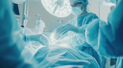 AI powered robot performing surgery in a high tech medical facility, advanced operating room with robotic surgical assistants and high-tech medical equipment, Tech style