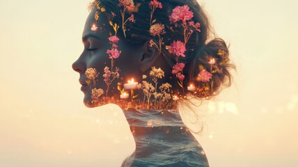 Serene Double Exposure of Woman with Floral Elements and Waves