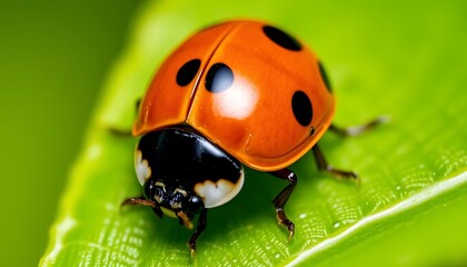 Obraz premium Close-up Macro Photography of a Ladybug on a Vibrant Green Leaf in Nature