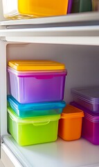 a group of plastic containers with different colored lids