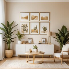 Fototapeta premium Modern Beige Living Room Interior with Gold Accents and Greenery