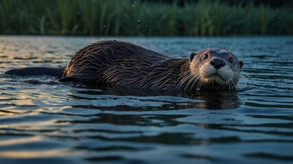 Otter Swimming in Water Looking at Camera with Aquatic Plants