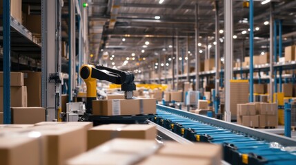 AI powered robot sorting and packaging goods in a distribution center, large distribution center with automated sorting lines and packed goods, Tech style