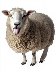 Fototapeta premium Funny Sheep Sticking Out Tongue in a Humorous Pose on White Background