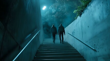 Two silhouetted figures walk up a long concrete staircase in a dimly lit surreal underground passage with glowing blue and green lighting
