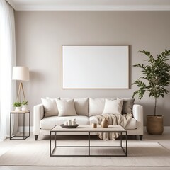 Modern Beige Living Room Interior with Blank Canvas