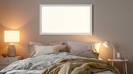 A white rectangular frame in a cozy bedroom, mounted above the bed with soft linens, a small nightstand, and a lamp. HD 8K mockup wallpaper Photographic Image