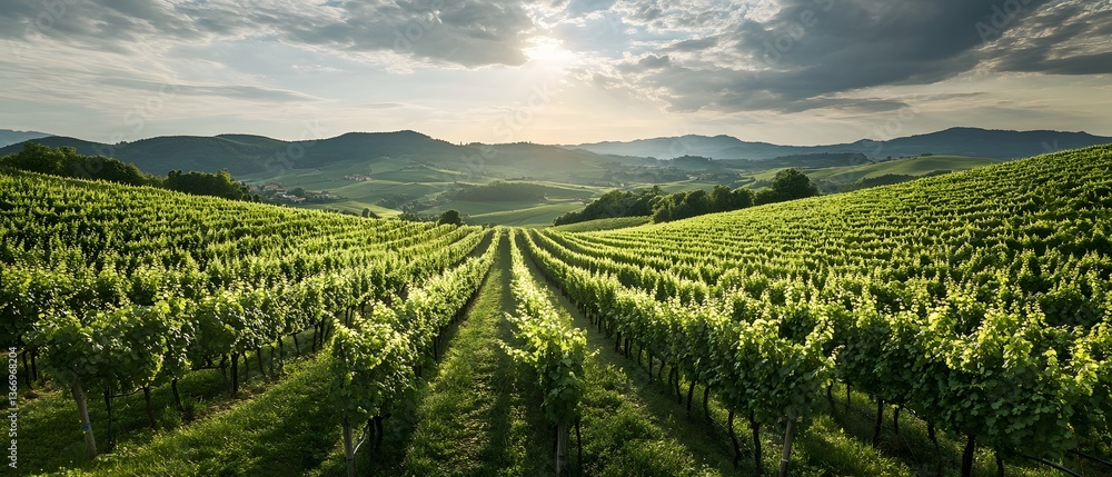 Poster a picturesque view of a flourishing vineyard with neatly arranged rows of grapevines set against a b