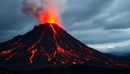 Spectacular Eruption of a Volcano at Night, Fiery Lava Flows Down the Slopes, Dramatic Volcanic Activity
