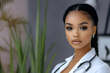 Photo of a Young Doctor in White Coat with Stethoscope and Braided Hair