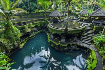 A tranquil tropical oasis featuring lush greenery, stone steps, and a serene pond surrounded by traditional thatched-roof pavilions.