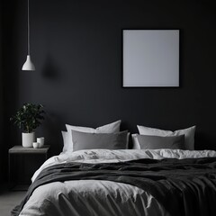 Dark Moody Bedroom Interior with Blank Frame Mockup