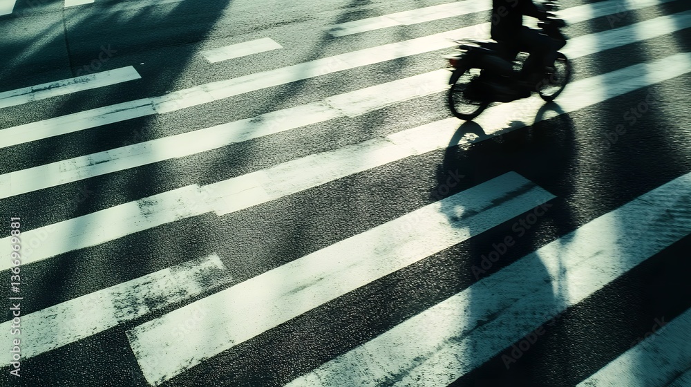 Poster silhouetted pedestrian crossing a busy urban crosswalk creating a bold pattern of shadows and lines 