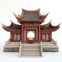 A red and white building with a red roof and red doors