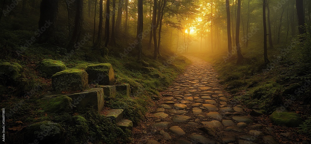 Poster ancient cobblestone pathway leading into a misty forest with golden light filtering through