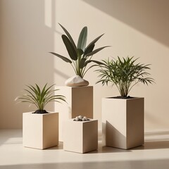 Minimalist Plant Arrangement with Beige Cube Planters and Soft Sunlight