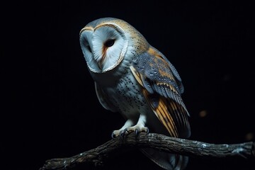 Barn owl perched on branch in dark setting with striking plumage
