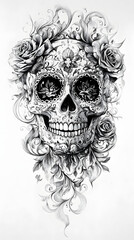 Ornate Sugar Skull with Roses and Flourishes