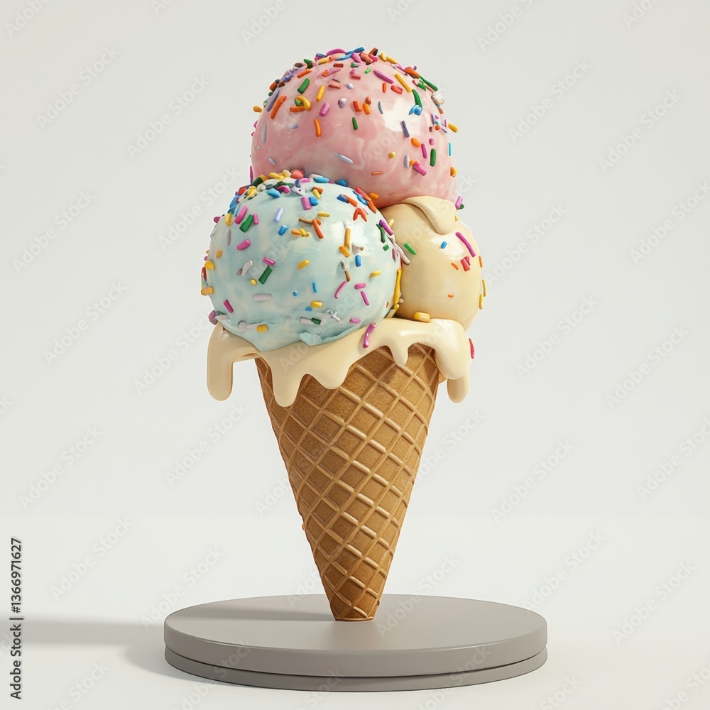 Poster a three-layer ice cream cone with sprinkles and a drizzle of white icing