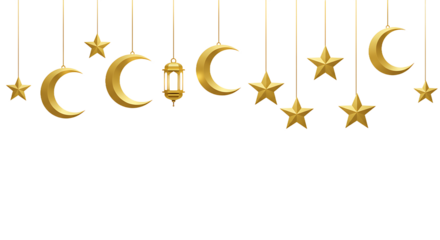 Golden moons stars and lantern hanging from above on strings against a black background design element