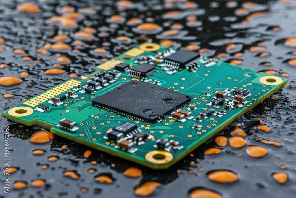 Poster a close-up of a green circuit board with various electronic components, placed on a wet surface, sho