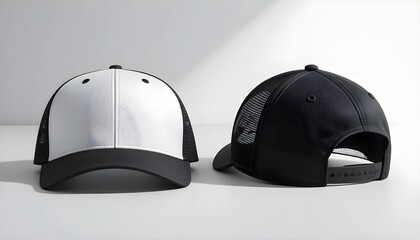Two identical trucker hats, one black and one white, are displayed against a plain, light gray background.