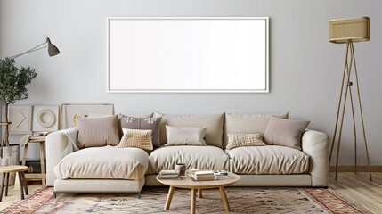 A white rectangular frame in a cozy living room, displayed above a couch, with a rug, coffee table, and a floor lamp. HD 8K mockup wallpaper Photographic Image