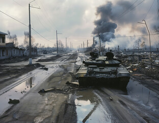  Destroyed T-80 main battle tank in urban environment after conflict