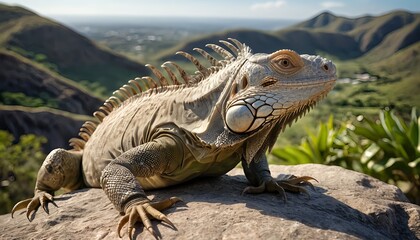 Obraz premium Iguana on Volcanic Rock Overlooking Valley