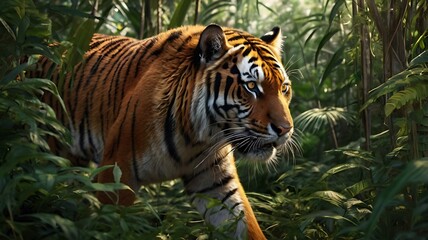 Hyper-detailed 3D rendering of a Bengal tiger stalking through dense jungle, striking orange and black fur, piercing eyes