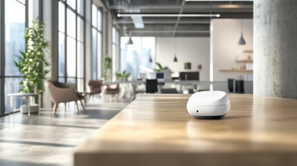 AI powered security camera monitoring an office space, modern office with sleek furniture, High-tech style