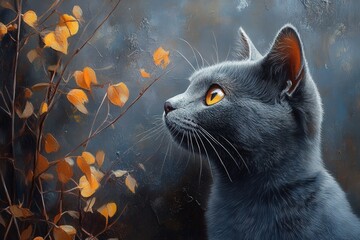 Graceful Russian Blue Cat Gazing out a Window Watching Autumn Leaves Fall in a Quiet, Serene Setting During Golden Hour in a Cozy Room