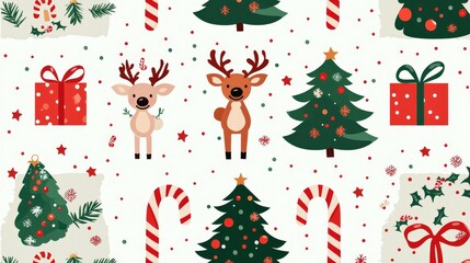 Whimsical Christmas Seamless Patterns Featuring Adorable Reindeer, Festive Trees and Delightful Candy Canes