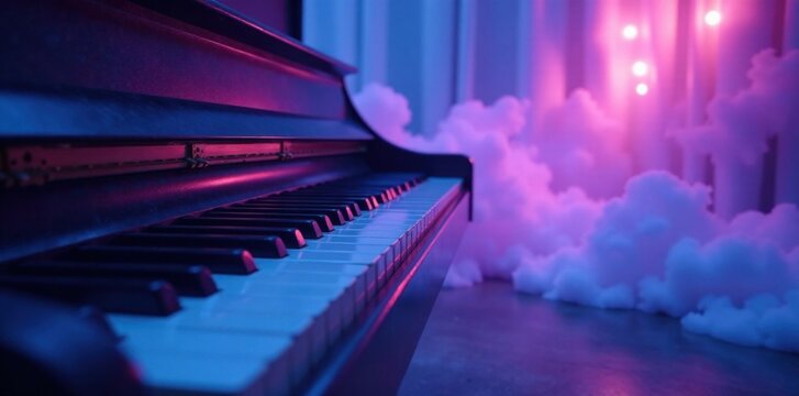 Ethereal piano sounds fade into ambient electronic whispers, surrounded by a soft gradient of blues and purples, futuristic space, piano sound effects, deep space