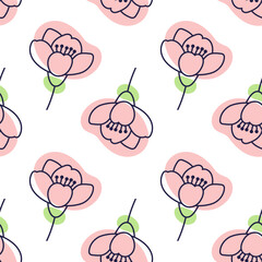Cherry blossom flowers seamless pattern. Outline illustration with color spots. Doodle style. Hand drawn cherry flowers Isolate on white. Sakura texture. Fabric design
