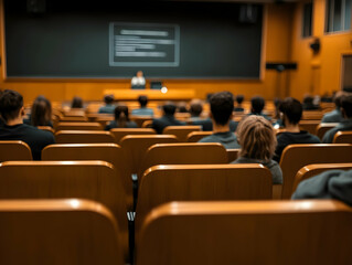 Photo Of Lecture Hall With Wooden Chairs And People Attending A Session