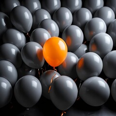 One Orange Balloon Among Many Gray Balloons