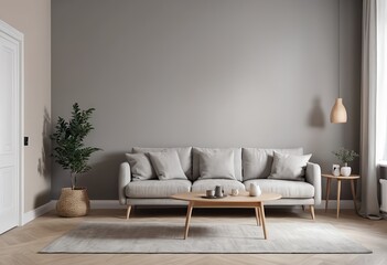 Modern Living Room Interior with Gray Sofa and Wooden Coffee Table