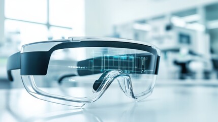 Augmented reality glasses displaying real time data in a tech lab, clean and bright research environment with futuristic equipment, Futuristic style