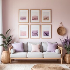 Cozy Living Room Interior with Lavender Accents and Wall Art
