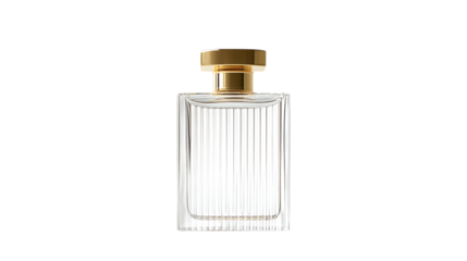 Elegant Rectangular Perfume Bottle with Gold Cap & Grooved Edges PNG