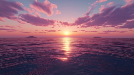 Naklejka premium Purple Evening Sky with Serene Sunset Over the Ocean, Reflecting Warm Colors on the Water